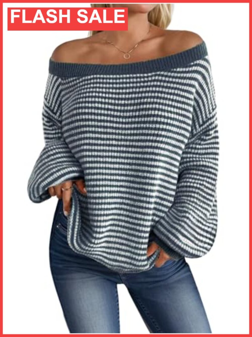Women's Striped Off the Shoulder Oversized Knit Sweater Pullover